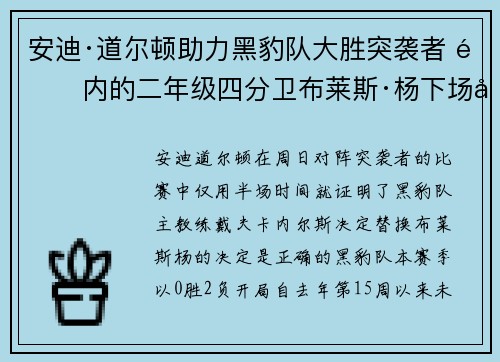 安迪·道尔顿助力黑豹队大胜突袭者 队内的二年级四分卫布莱斯·杨下场反思